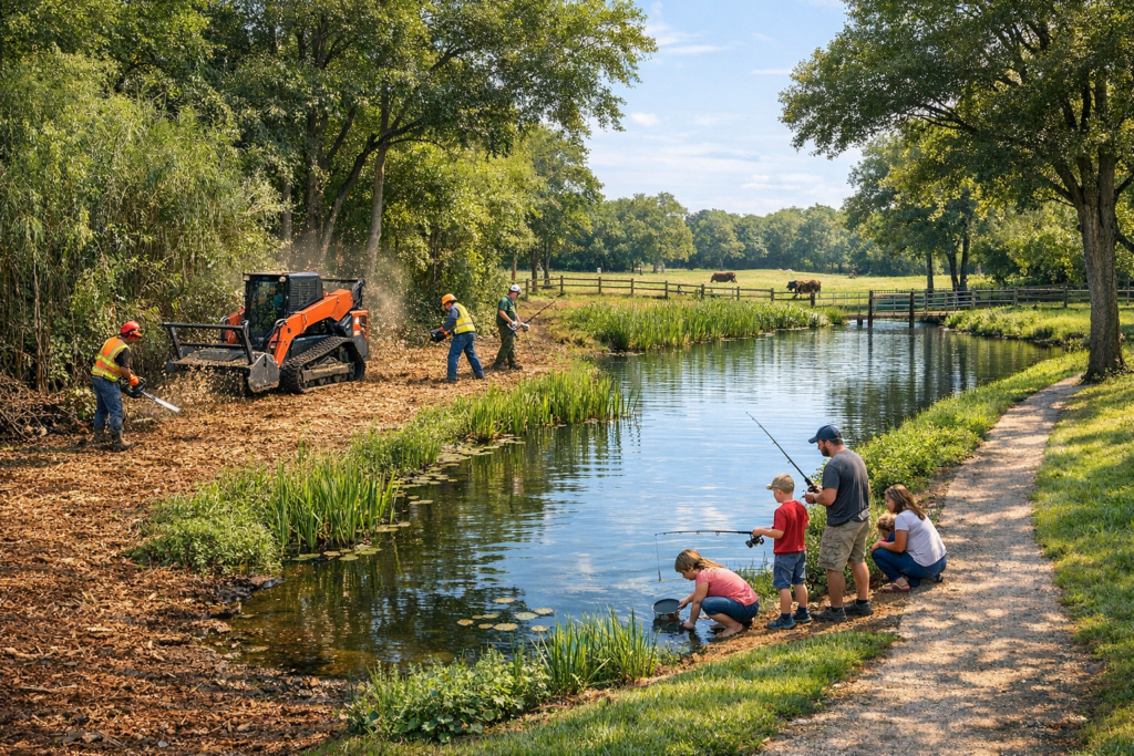 Shoreline excavation and pond restoration work along grassy bank