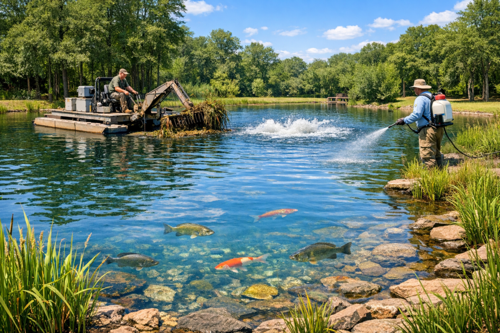Aquatic vegetation removal and pond cleanup with machinery in water