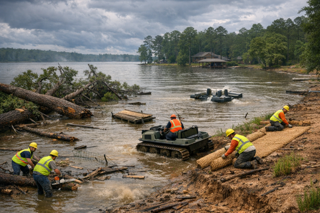 Heavy dredging equipment removing sediment from a muddy pond