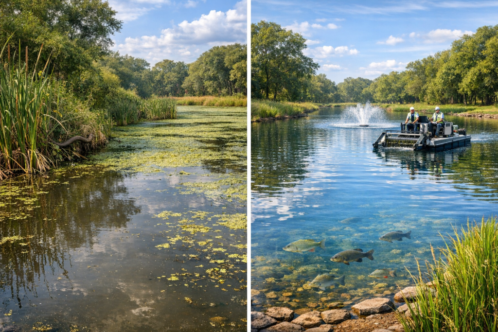 Pond restoration site with floating vegetation and clear water shoreline