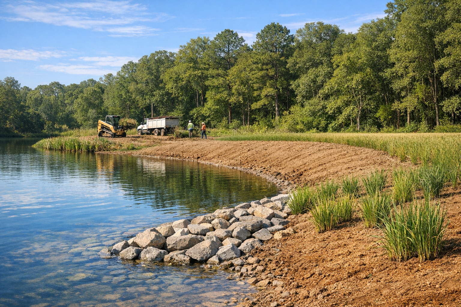 Rural East Texas pond showing natural shoreline and surrounding green landscape