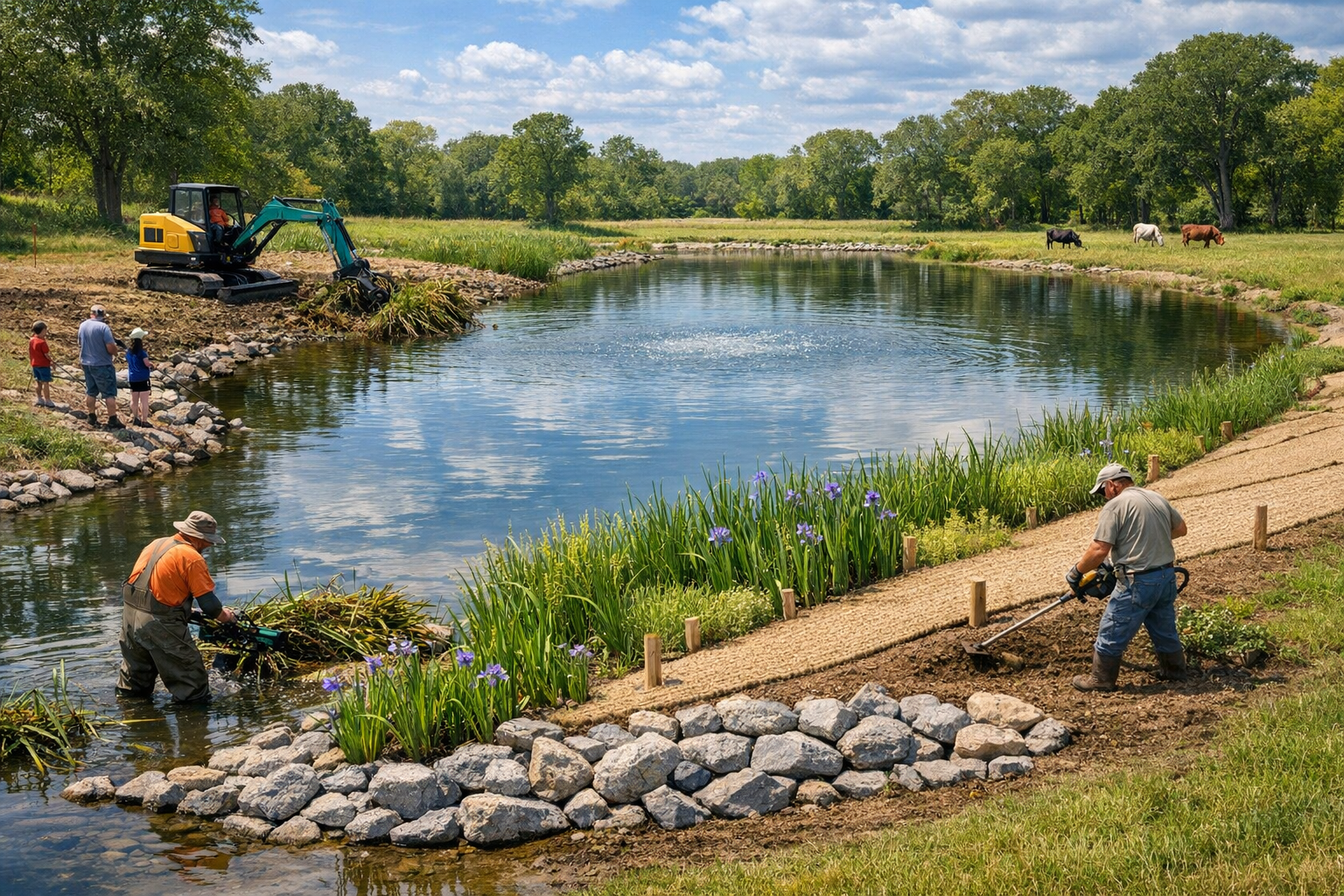 Arrowhead Pond Restoration projects showing pond dredging, shoreline clearing, vegetation removal, aeration systems, and aquatic habitat improvement across East Texas properties